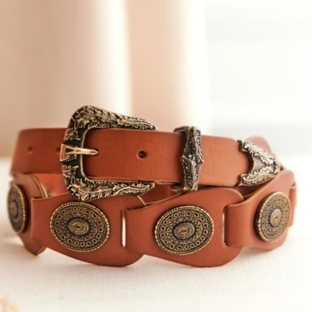 Sezane Tan Leather Western Concho Belt with Antique Gold Hardware